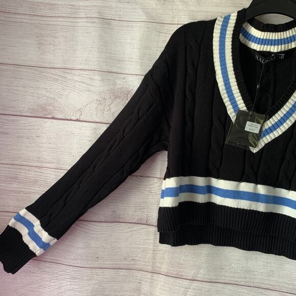 Balboa Fashion Cable Knit Tennis Sweater Black Blue Striped Crop With Tag Size L - Picture 12 of 16